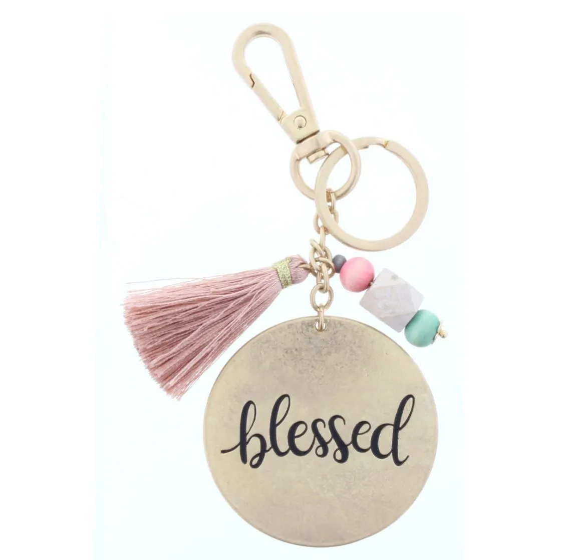 TWO SIDED KEYCHAIN- DOT & STRIPE PATTERN/ "BLESSED" WITH BEADS & TASSEL ACCENT KEYCHAIN