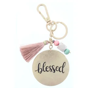 TWO SIDED KEYCHAIN- DOT & STRIPE PATTERN/ "BLESSED" WITH BEADS & TASSEL ACCENT KEYCHAIN