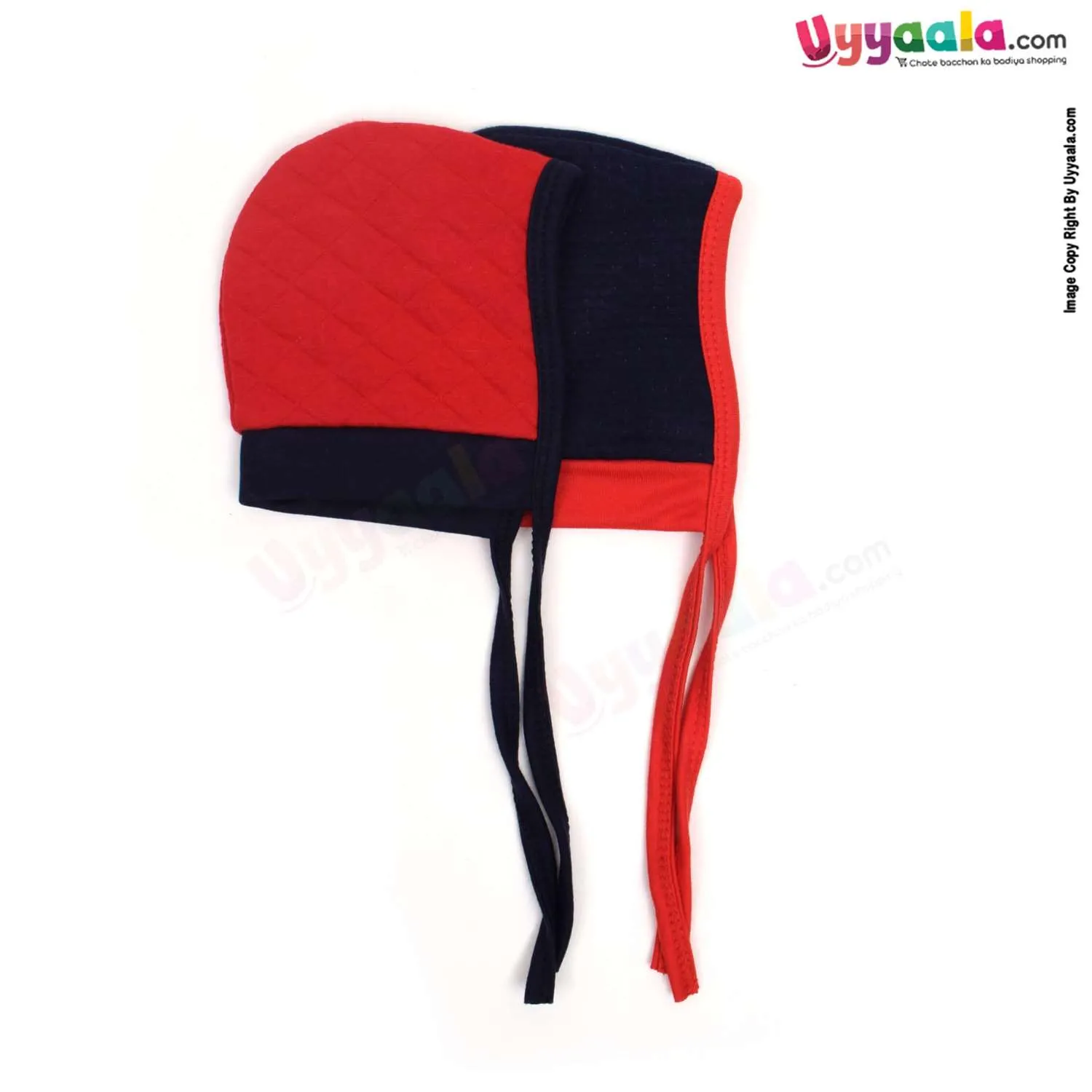 Tying Soft Hosiery Cotton Caps for Babies with Teddy Bear, Rabbit Patch Pack of 2, 0-6m age- Red & Navy Blue