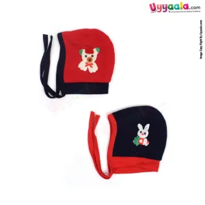 Tying Soft Hosiery Cotton Caps for Babies with Teddy Bear, Rabbit Patch Pack of 2, 0-6m age- Red & Navy Blue
