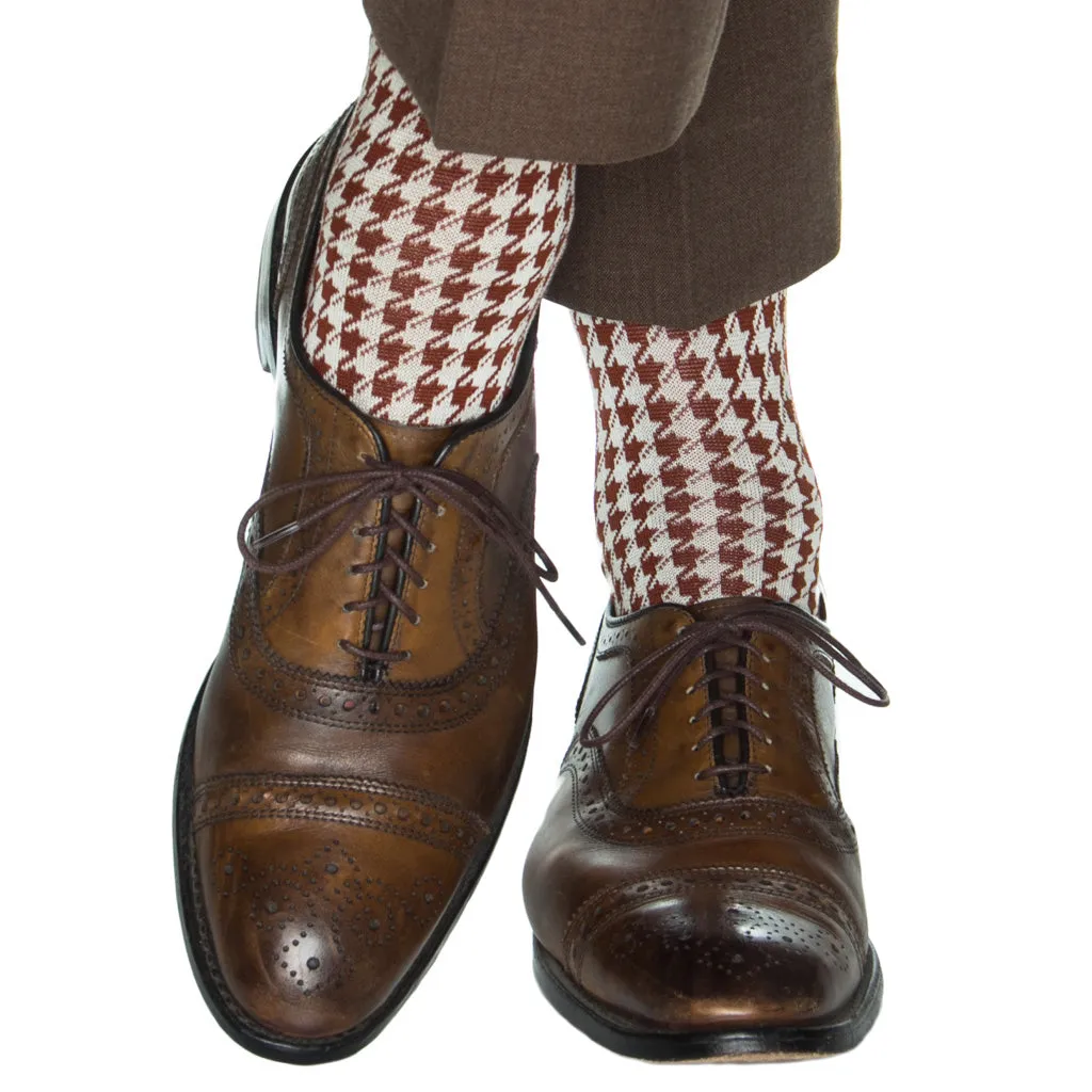Whiskey Brown with Cream Large Houndstooth and Tigerlily Orange Tipping Cotton Sock Linked Toe Mid-Calf