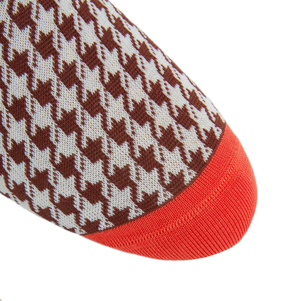 Whiskey Brown with Cream Large Houndstooth and Tigerlily Orange Tipping Cotton Sock Linked Toe Mid-Calf