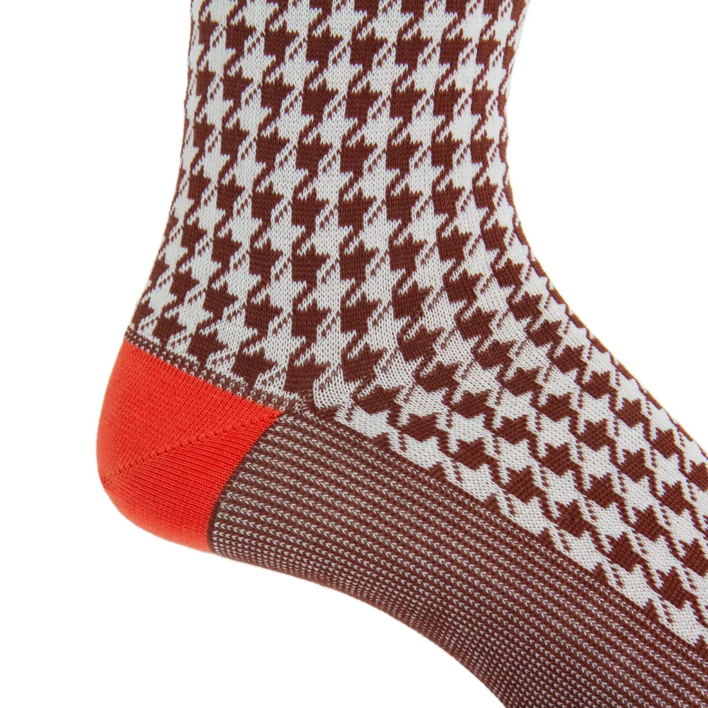 Whiskey Brown with Cream Large Houndstooth and Tigerlily Orange Tipping Cotton Sock Linked Toe Mid-Calf