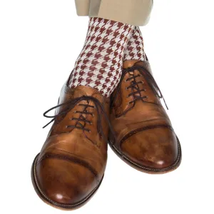 Whiskey Brown with Cream Large Houndstooth and Tigerlily Orange Tipping Cotton Sock Linked Toe Mid-Calf